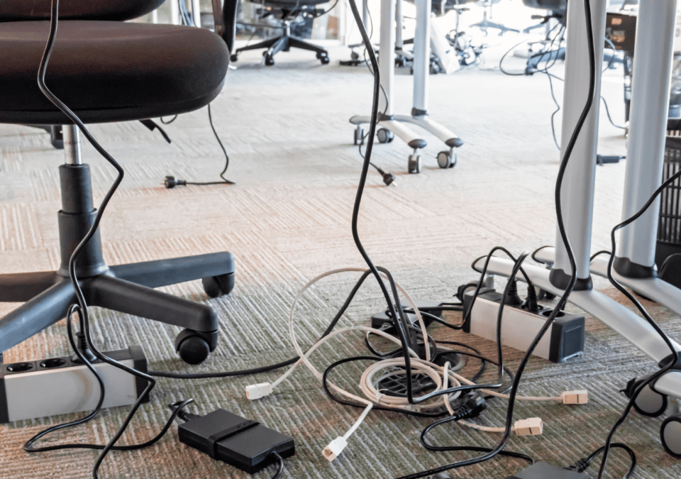 tangled cables in office space illustrating poor organization prior to teamwork training