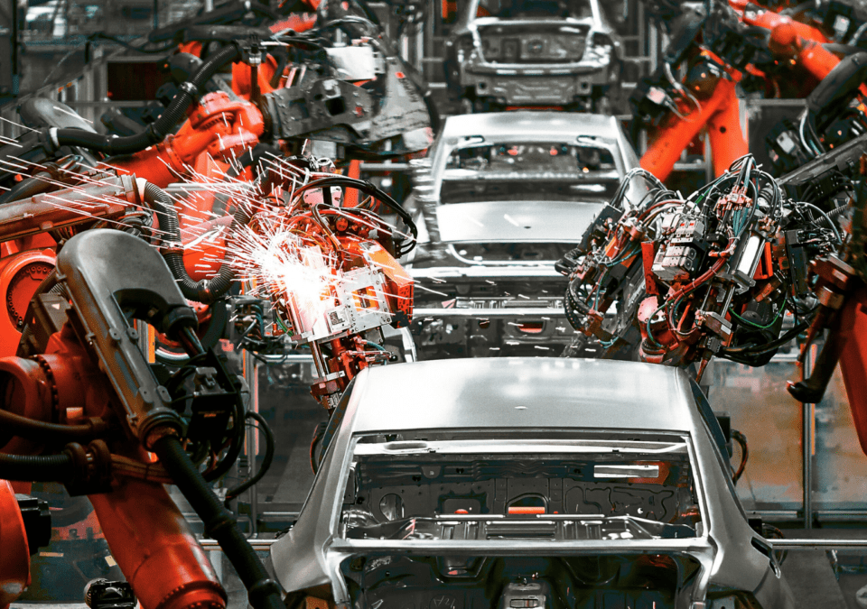 Robotic arms welding car parts with lean tools in automotive production