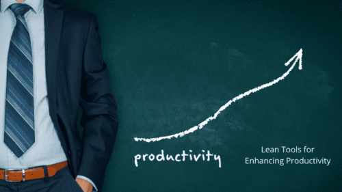 Chalkboard with an upward arrow labeled "productivity" next to a businessman, symbolizing lean productivity.