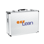 Closed aluminium briefcase printed with “GET Lean” — portable lean production game