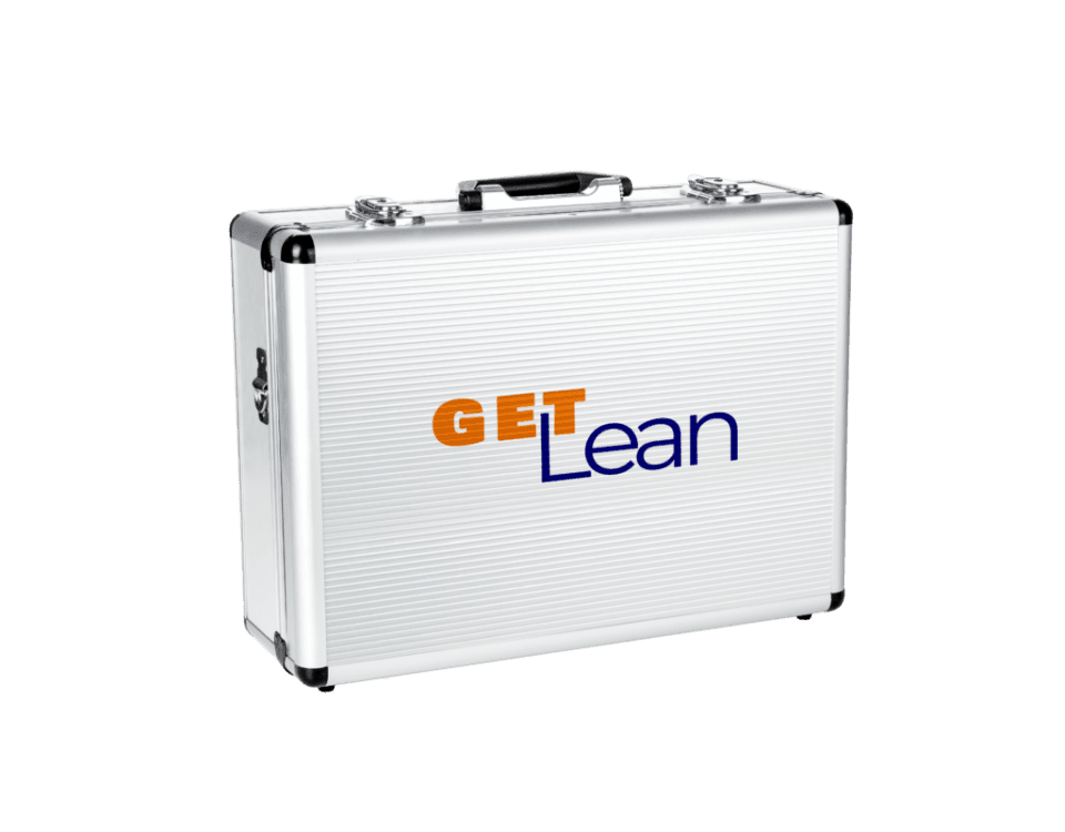 Closed aluminium briefcase printed with “GET Lean” — portable lean production game