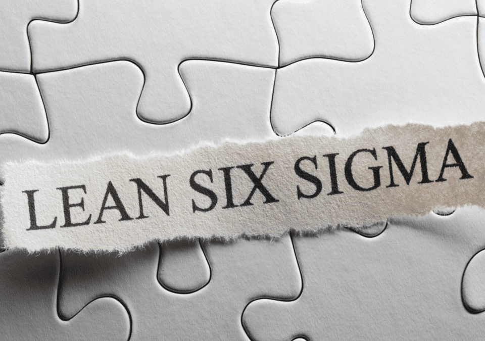 Puzzle background with a ripped paper strip labeled "Lean Six Sigma" – representing continuous improvement strategies such as Lean 5S and Six Sigma.