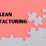 Lean manufacturing 8 wastes illustrated by a coral-background puzzle missing one white piece beside the bold title “Lean Manufacturing.”
