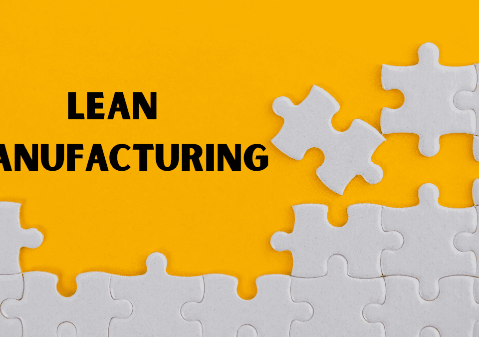 Lean operations training visual with puzzle pieces and the phrase “Lean Manufacturing” on a yellow background.
