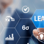 Businessman interacting with digital interface displaying icons related to Lean, Six Sigma, and productivity – relevant to the definition of 5S methodology.