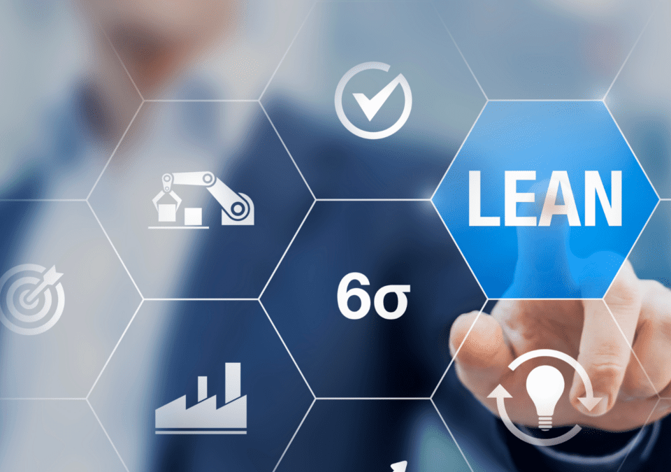 Businessman interacting with digital interface displaying icons related to Lean, Six Sigma, and productivity – relevant to the definition of 5S methodology.