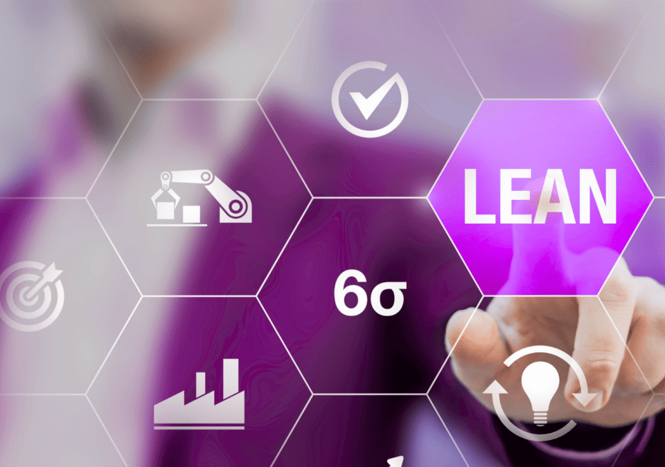 Businessperson interacting with Lean and Six Sigma icons on a virtual screen – Visual Management concept