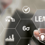 Businessperson activating digital Lean and Six Sigma icons representing 5S methodology implementation in modern manufacturing.