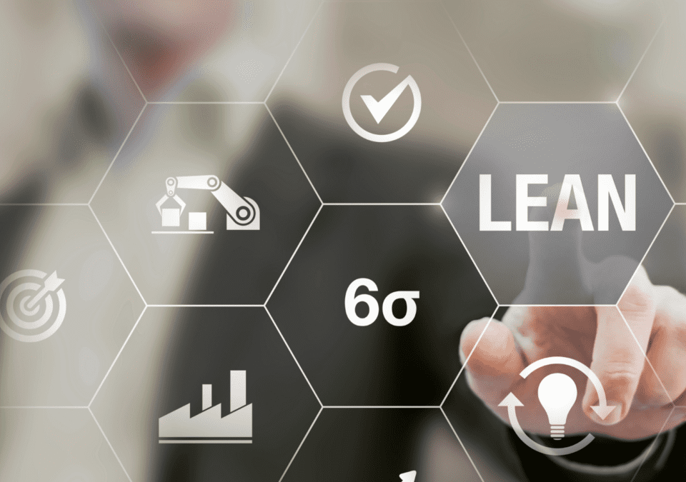 Businessperson activating digital Lean and Six Sigma icons representing 5S methodology implementation in modern manufacturing.