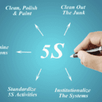 Hand writing the five steps of 5S methodology on a blue background – definition 5S.