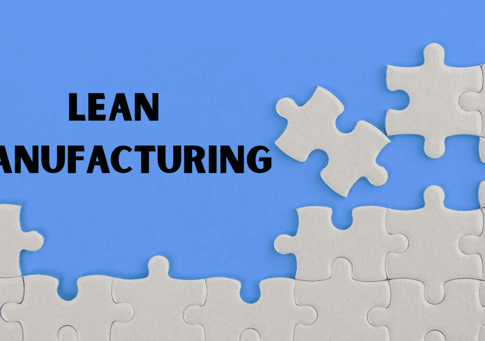 Lean process – puzzle illustration with “Lean Manufacturing” text on a blue background.