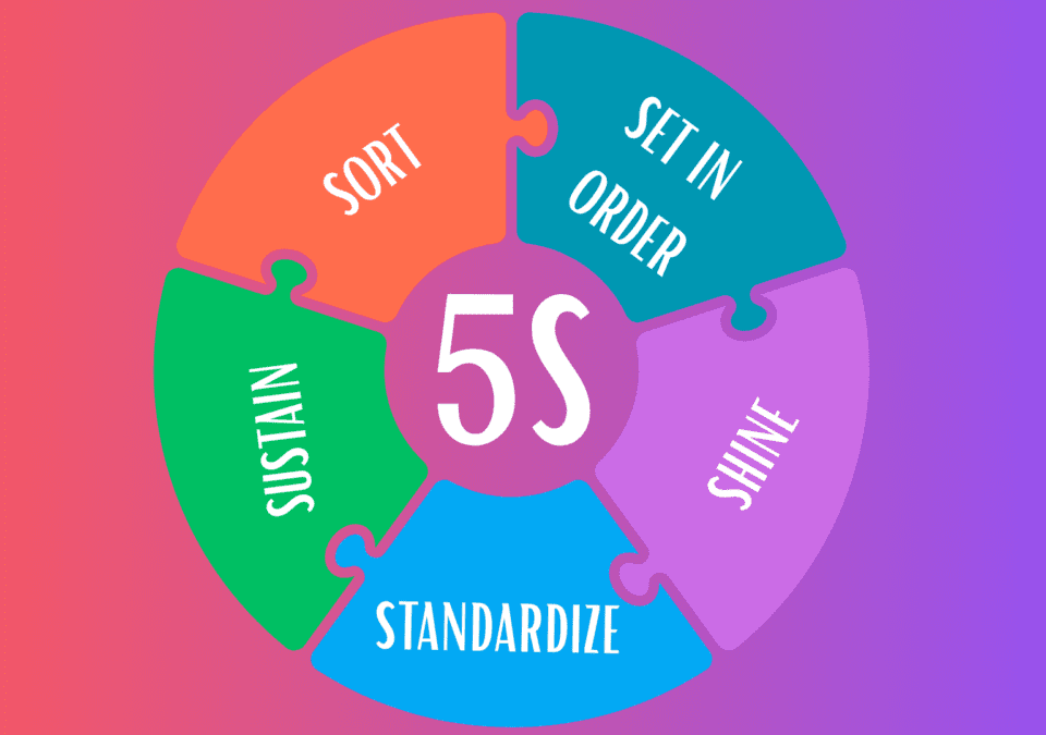 5 S Lean visual with colorful puzzle pieces labeled Sort, Set in Order, Shine, Standardize, Sustain