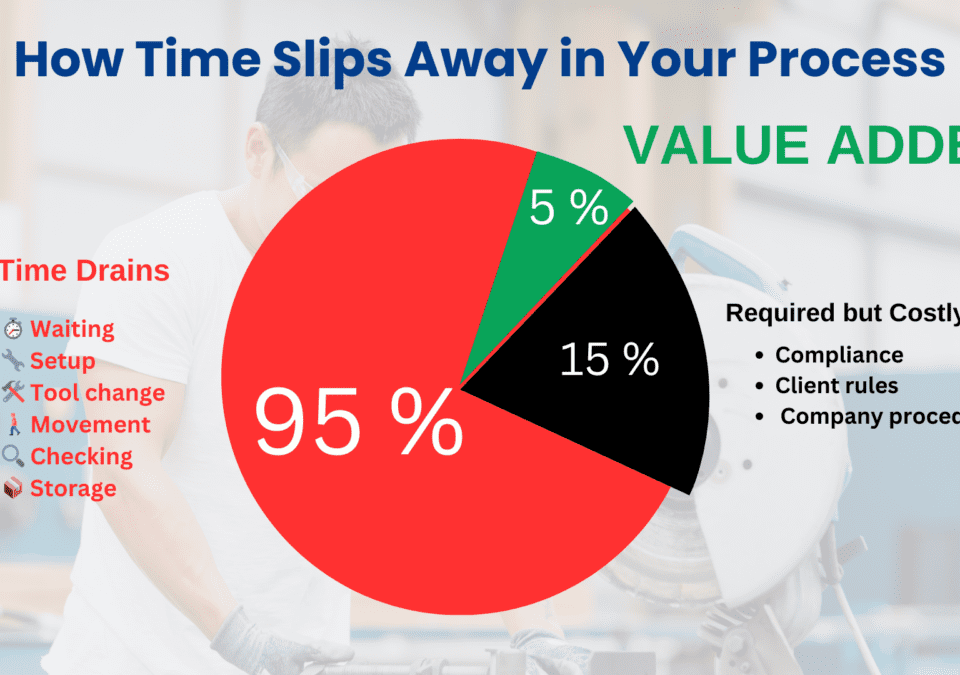 Pie chart visual illustrating 8 Waste in Lean Manufacturing with 95% time drains, 15% required but non-value-added, and only 5% value-added activities
