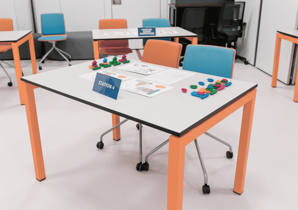 Lean training station setup with colorful elements and visual instructions for Training Lean Management.