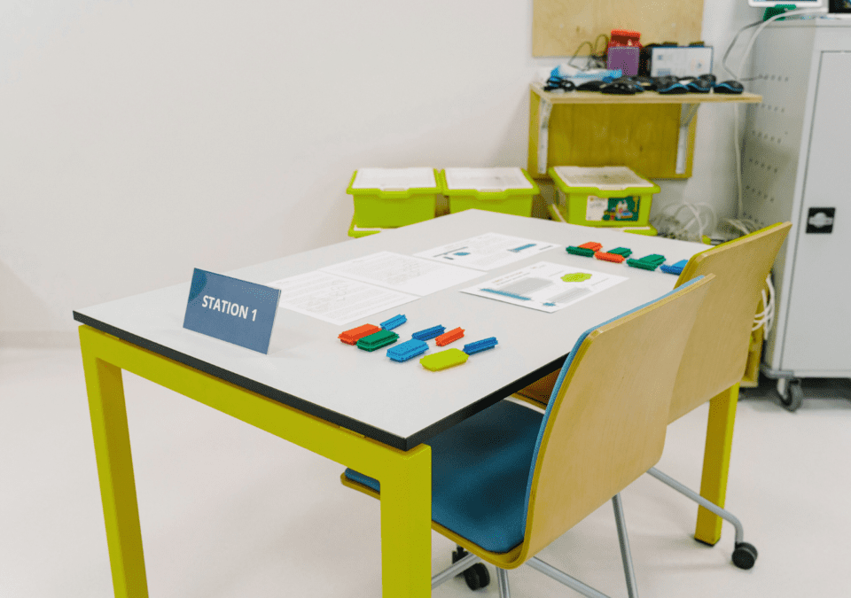 Hands-on activity during a workshop using colorful blocks in one of the free Lean games.