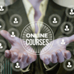Business professional presenting a network of icons and the phrase ‘Online Courses,’ symbolizing digital education in courses in Lean Manufacturing