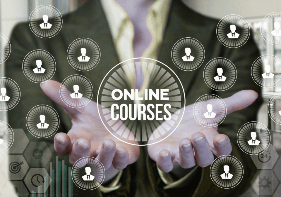 Business professional presenting a network of icons and the phrase ‘Online Courses,’ symbolizing digital education in courses in Lean Manufacturing