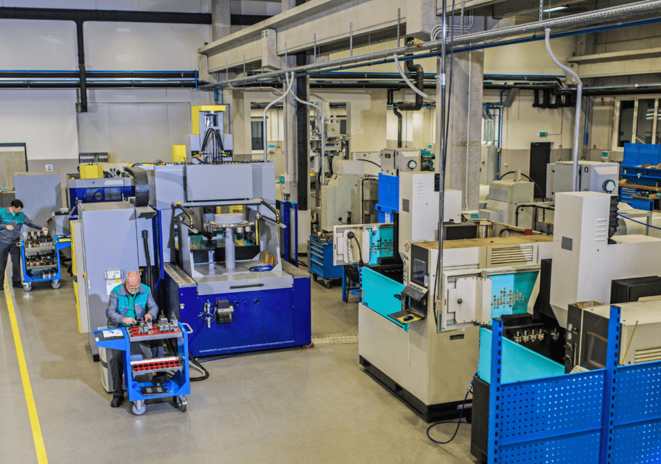 Modern machine shop arranged according to lean management principle for efficient flow.