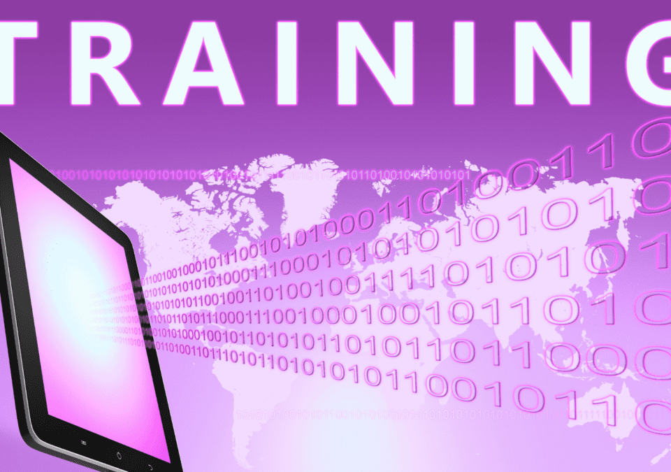 Digital tablet projecting binary code across a world map against a purple backdrop, symbolizing global access to lean courses on line.”