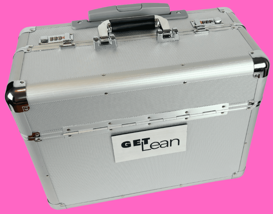 "Get Lean silver training case – lean games for workshops background image"