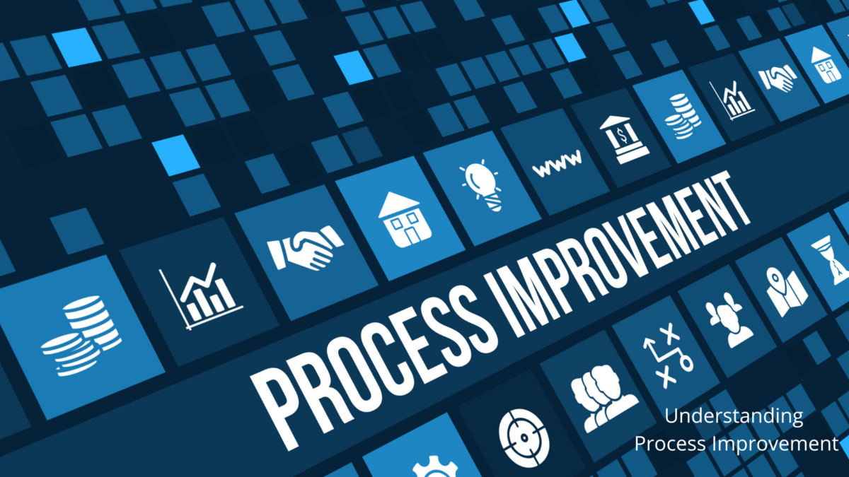 Digital icons and the phrase "Process Improvement" on a blue background.