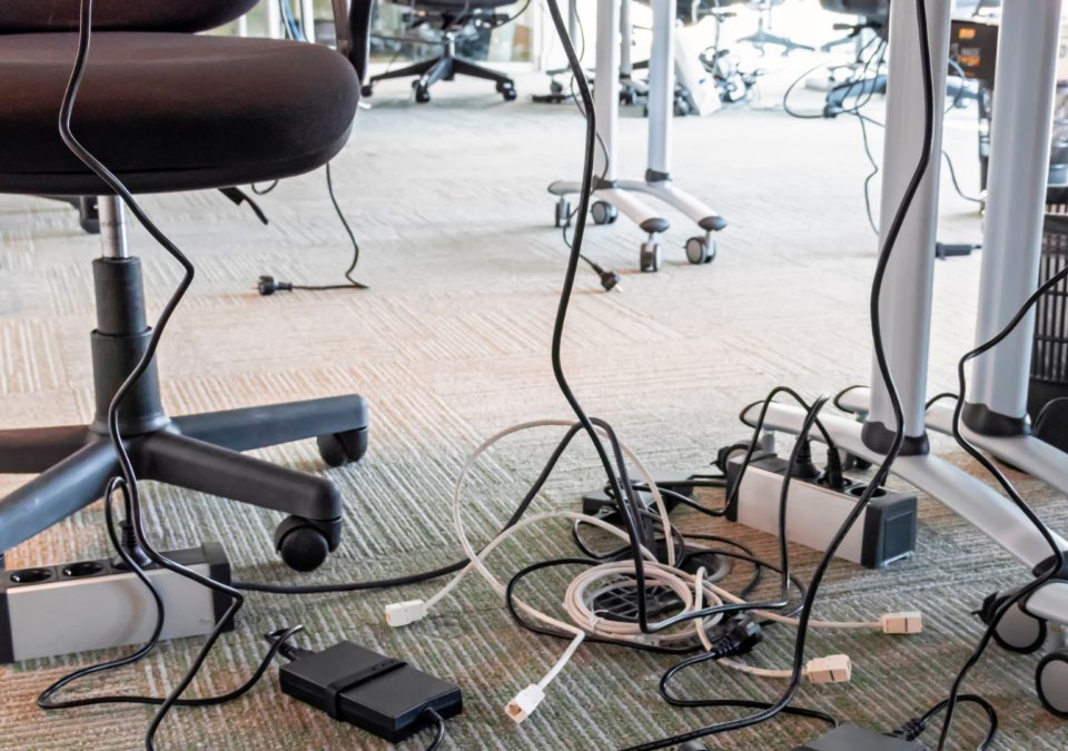 tangled cables in office space illustrating poor organization prior to teamwork training