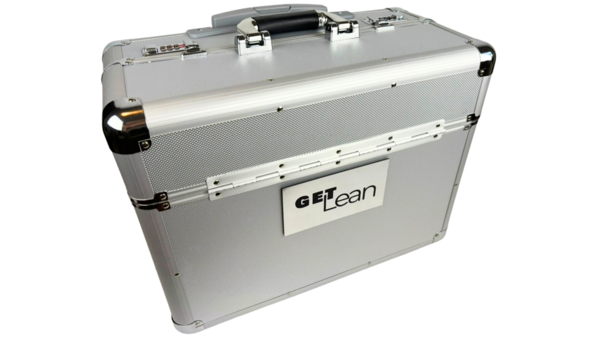 Durable transport case labeled GET Lean, used for storing and delivering lean management simulation games for team-based training workshops.