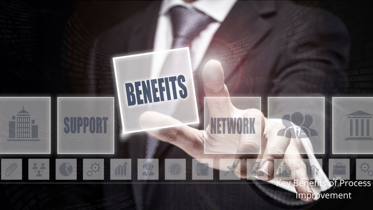 Businessman pointing at a virtual “Benefits” button linked to process improvement.