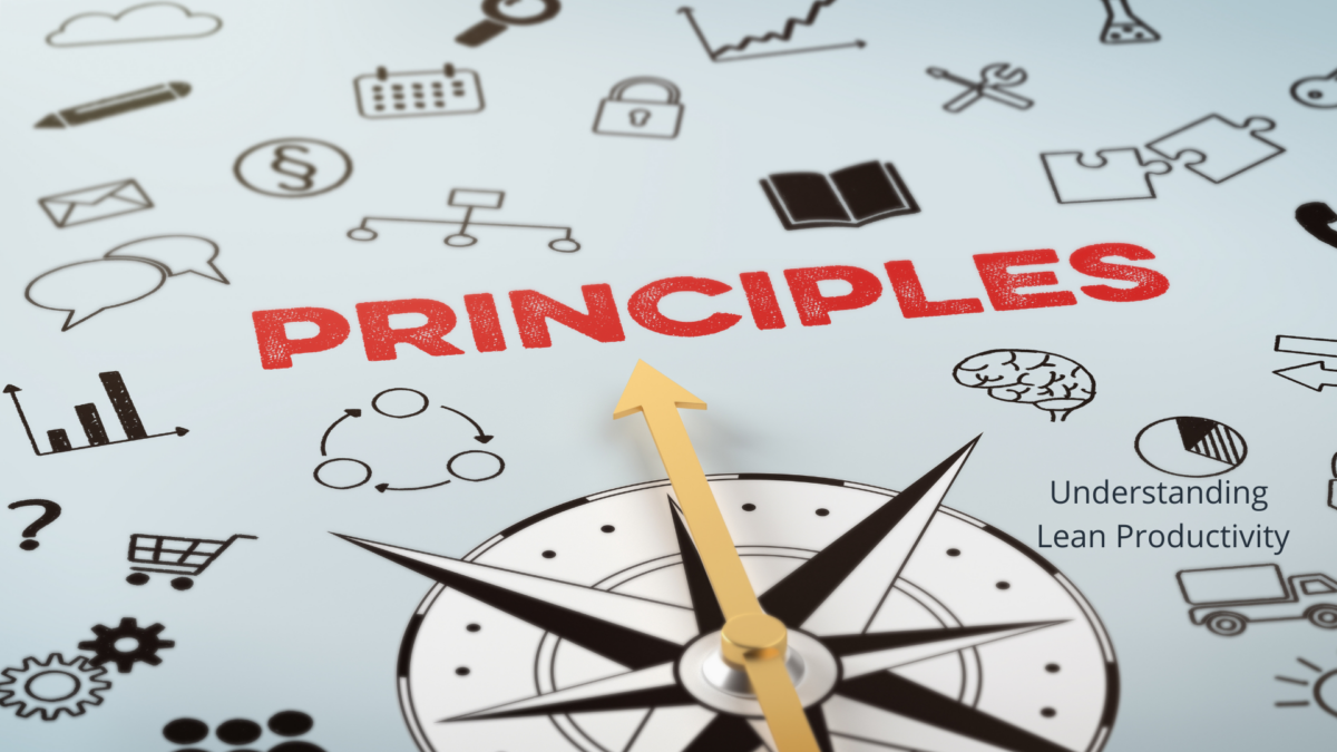 Compass pointing to the word "PRINCIPLES" among business icons related to lean productivity.