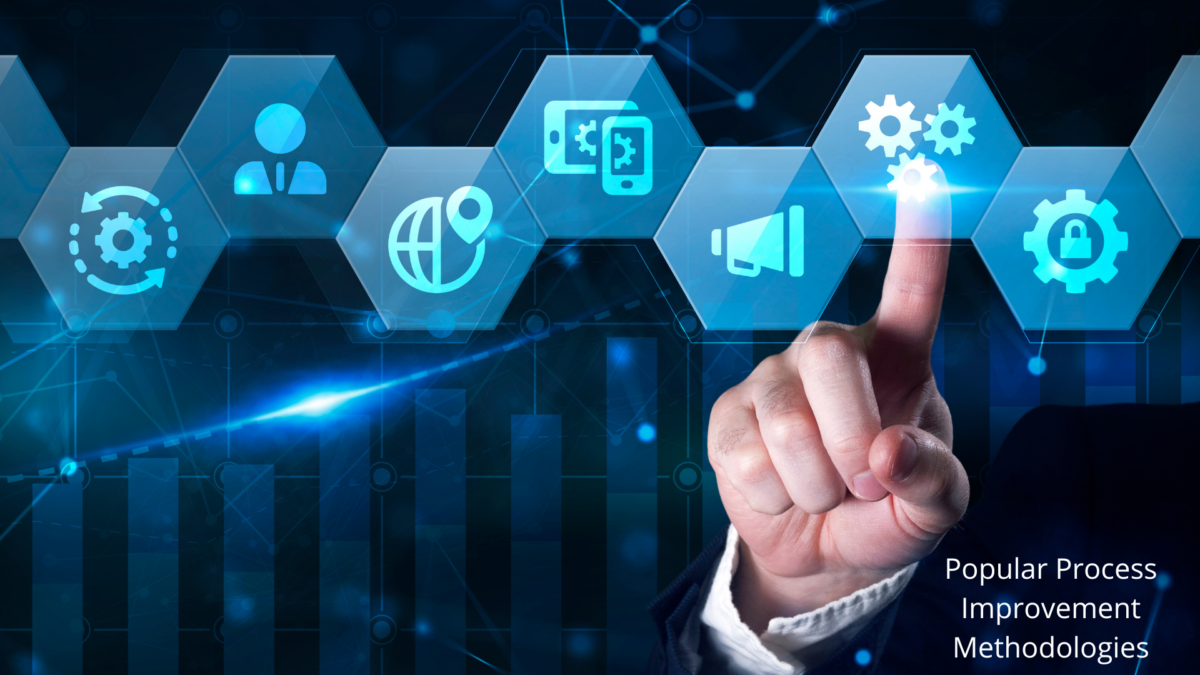 Hand pointing at a gear icon among various process improvement elements.