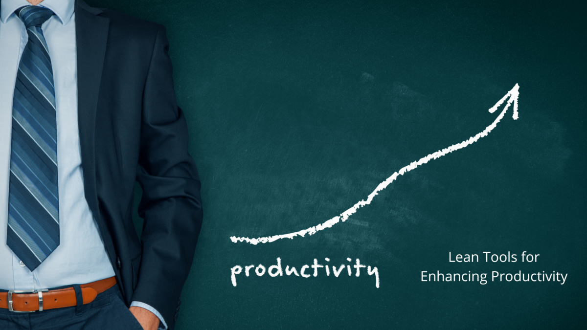 Chalkboard with an upward arrow labeled "productivity" next to a businessman, symbolizing lean productivity.