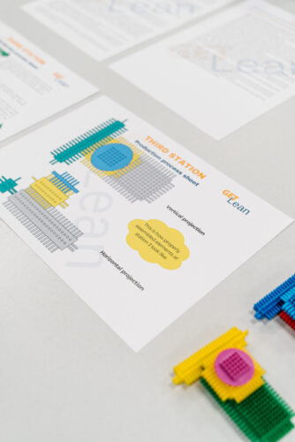 instruction sheets and plastic components on a table for lean manufacturing game simulation
