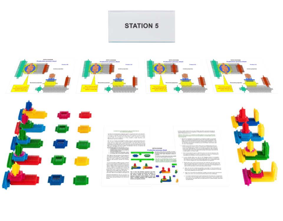 Lean Course training station setup with instruction sheets, colorful blocks, and structured layouts for interactive process learning and simulation.