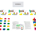 Station-5 kit for Lean Games and Simulations, showing instruction cards, colourful brick sub-assemblies, loose parts, and process sheets laid out in production order.