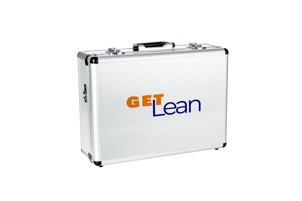 Closed aluminium briefcase printed with “GET Lean” — portable lean production game