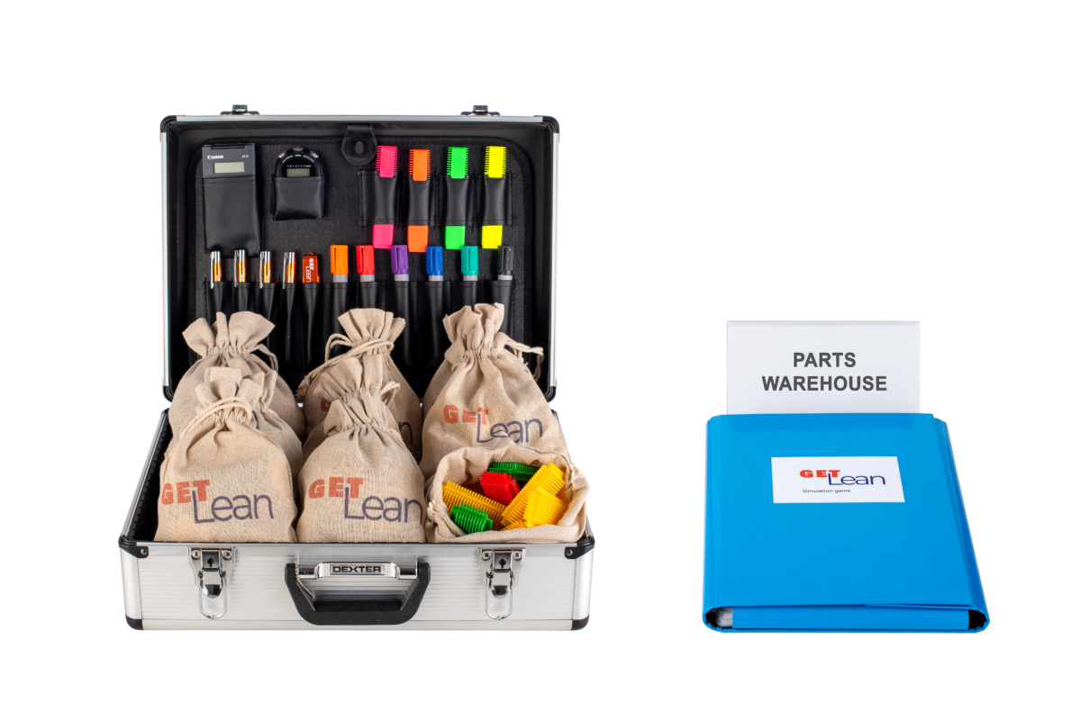 Lean training kit including labeled GET Lean bags with components, pens, and a binder marked “Parts Warehouse” for interactive simulation exercises.