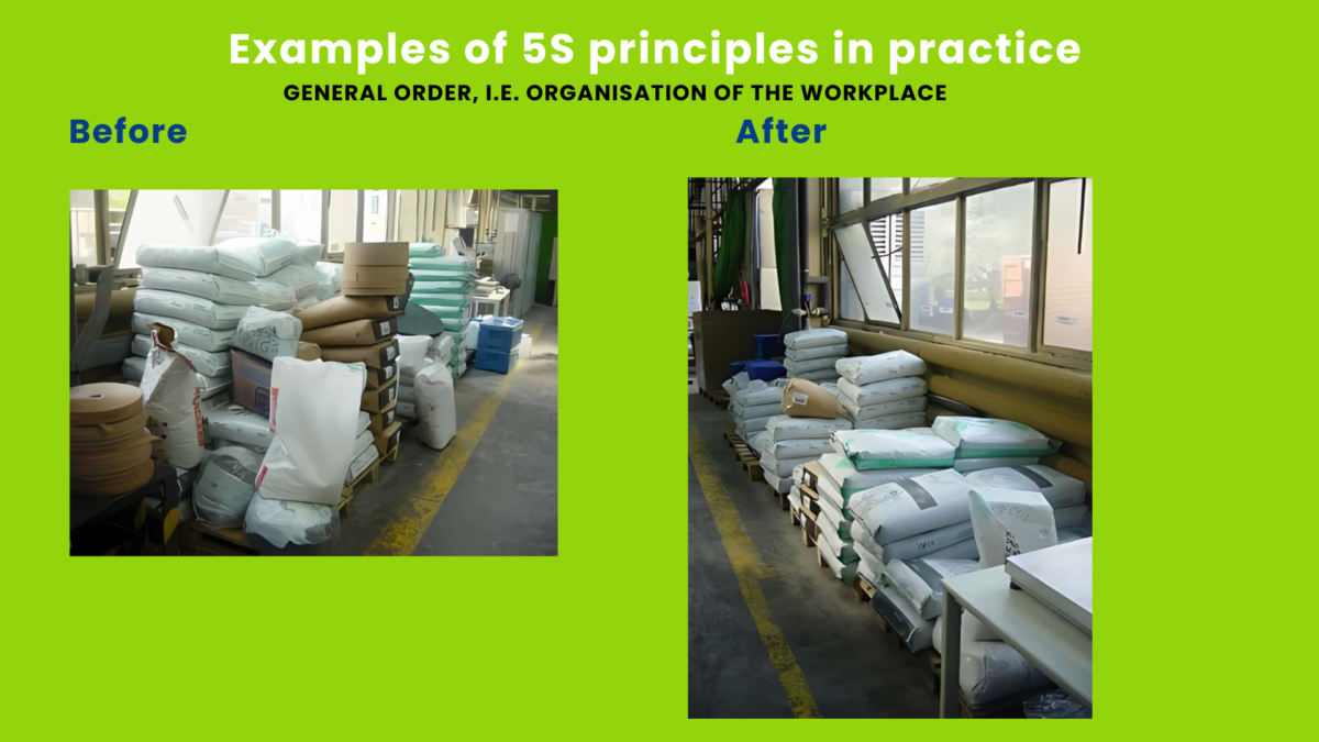 Before and after photos of warehouse storage area showing visual management through 5S implementation.