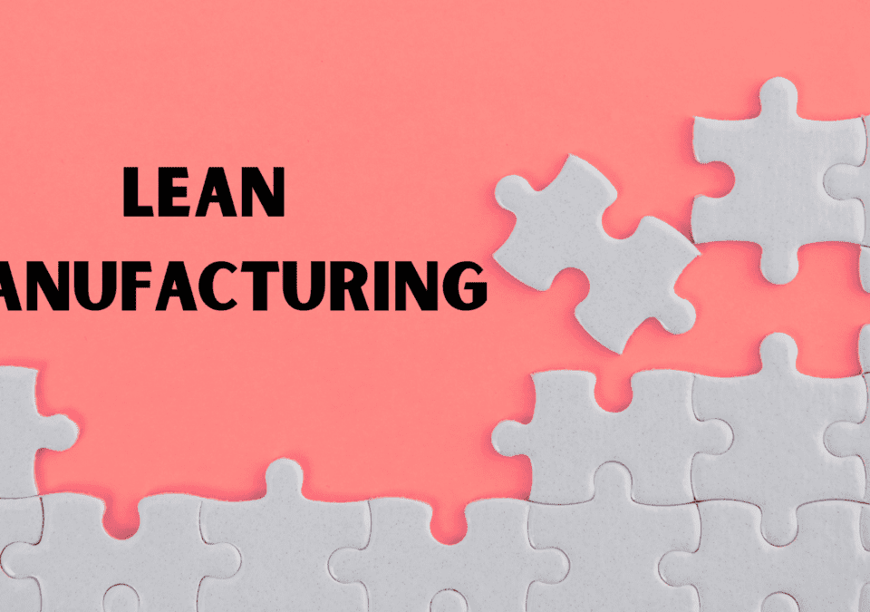 Lean manufacturing 8 wastes illustrated by a coral-background puzzle missing one white piece beside the bold title “Lean Manufacturing.”