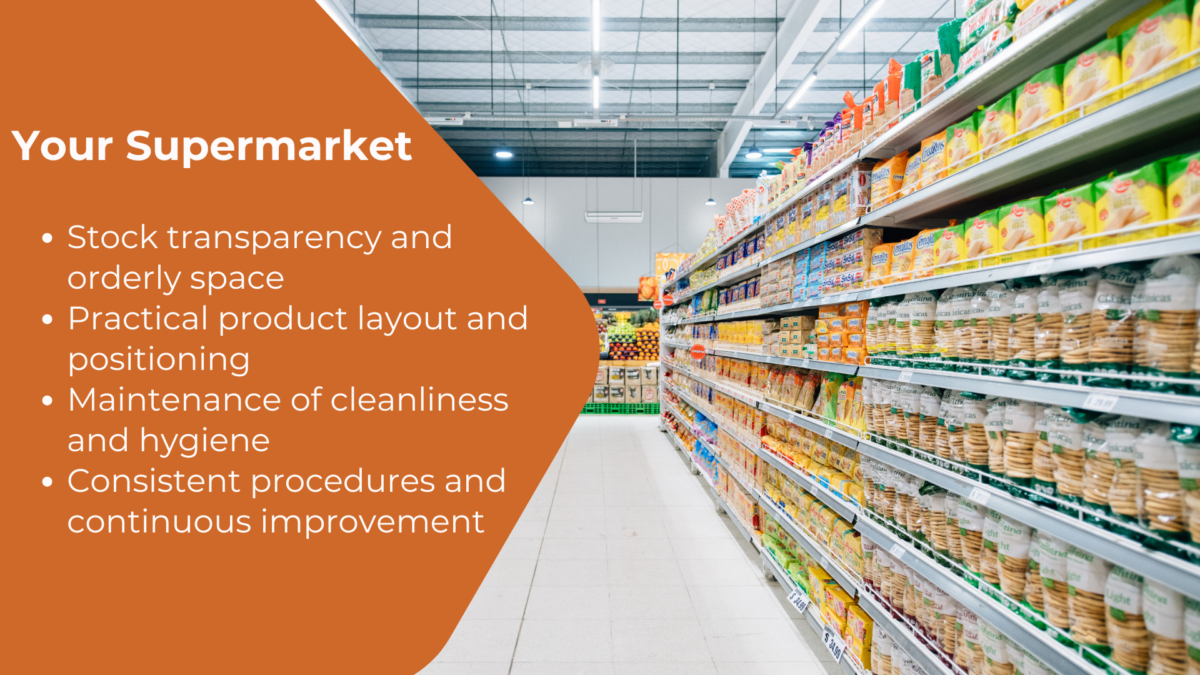Clean and well-organized supermarket aisle demonstrating practical application of 5S organization tools in retail environments.