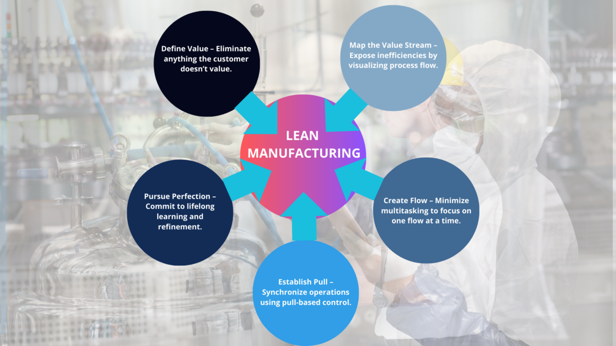 Wheel infographic used in lean manufacturing training courses to explain five core principles on a production-line backdrop.