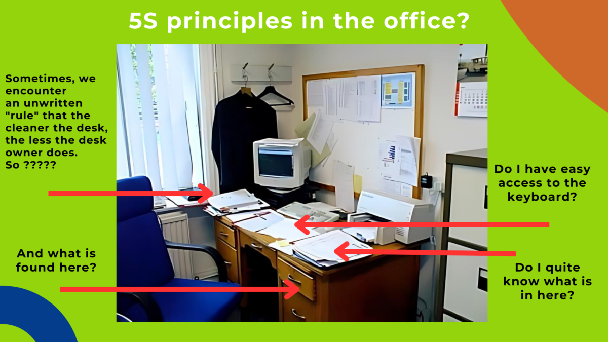 Desk cluttered with documents and red arrows indicating poor organization in an office environment.