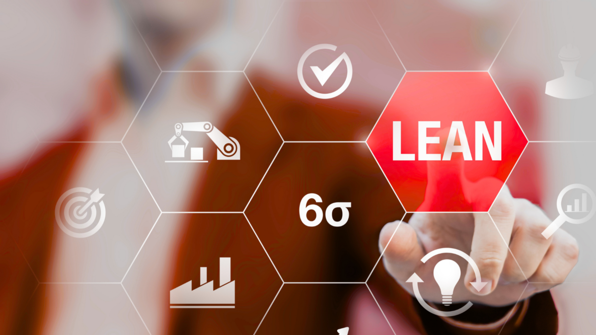 Digital interface with icons related to Lean, Six Sigma, and 5S Certification in process improvement and manufacturing.