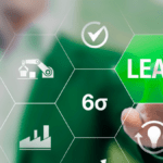 Businessman touching virtual screen with Lean, 6 Sigma and industry icons – checklist for 5S efficiency framework