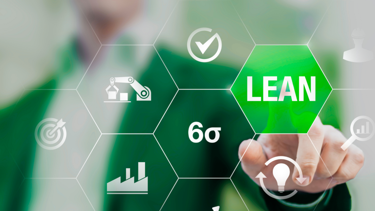 Businessman touching virtual screen with Lean, 6 Sigma and industry icons – checklist for 5S efficiency framework