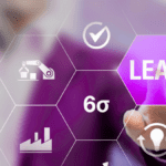 Businessperson interacting with Lean and Six Sigma icons on a virtual screen – Visual Management concept