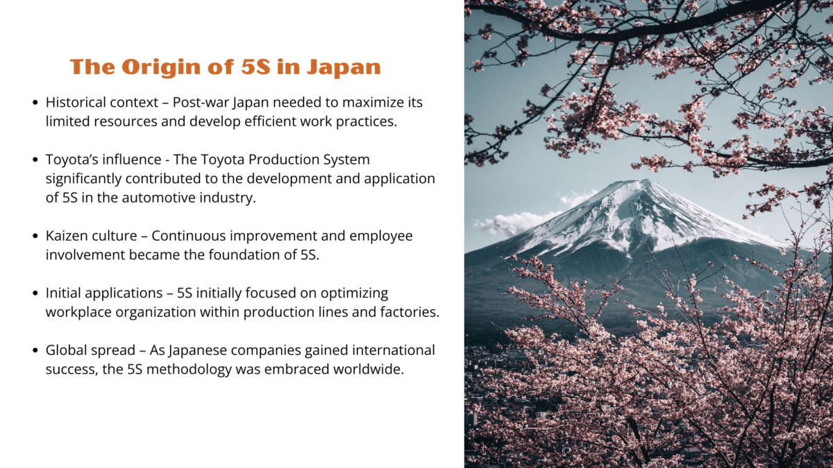 Cherry blossoms with Mount Fuji in the background, symbolizing Japanese origins — What is a 5S and how it began in Japan.