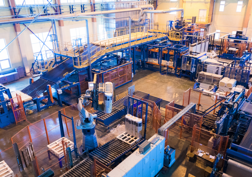 High-angle view of an automated factory that illustrates how tools lean can streamline material flow and workstation layout.