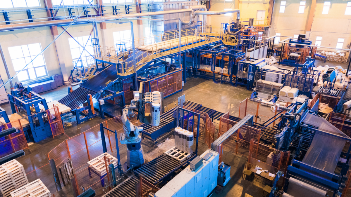 High-angle view of an automated factory that illustrates how tools lean can streamline material flow and workstation layout.