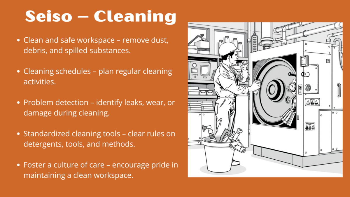 Worker cleaning industrial equipment as part of the Seiso step in the five S methodology.