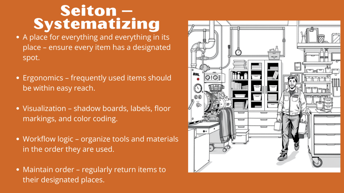 llustration of the Seiton step in the five S methodology, showing a well-organized and ergonomic industrial workspace.